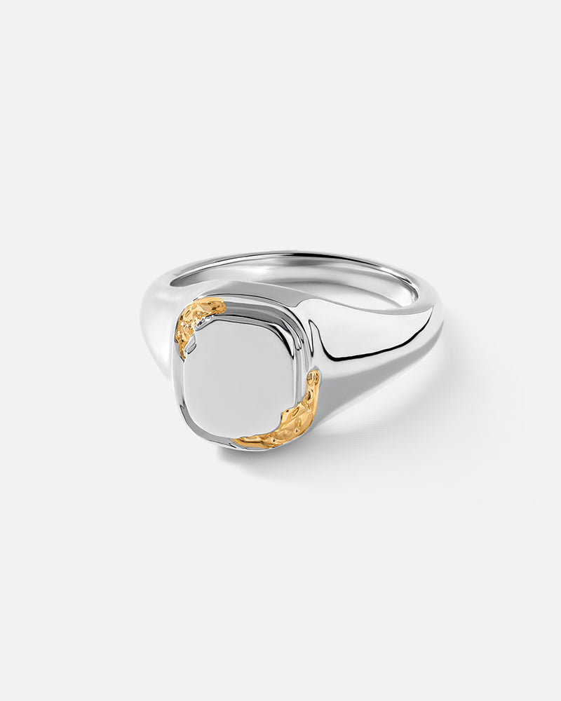 Eroded Square Signet Ring in Two-tone*18k Gold and Rhodium Plated
