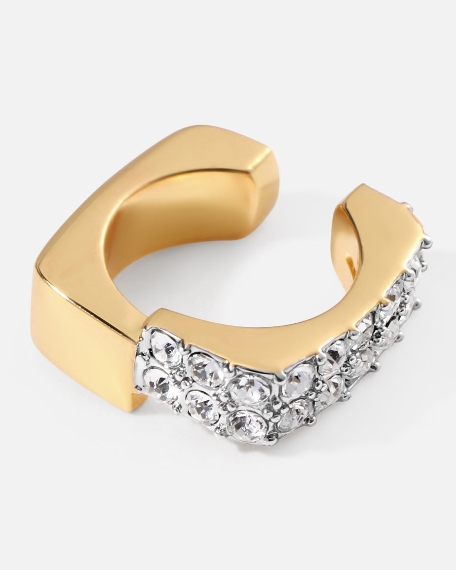 Asymmetric Square Cuff Earring in Two-tone*18k Gold and Rhodium Plated, Crystal