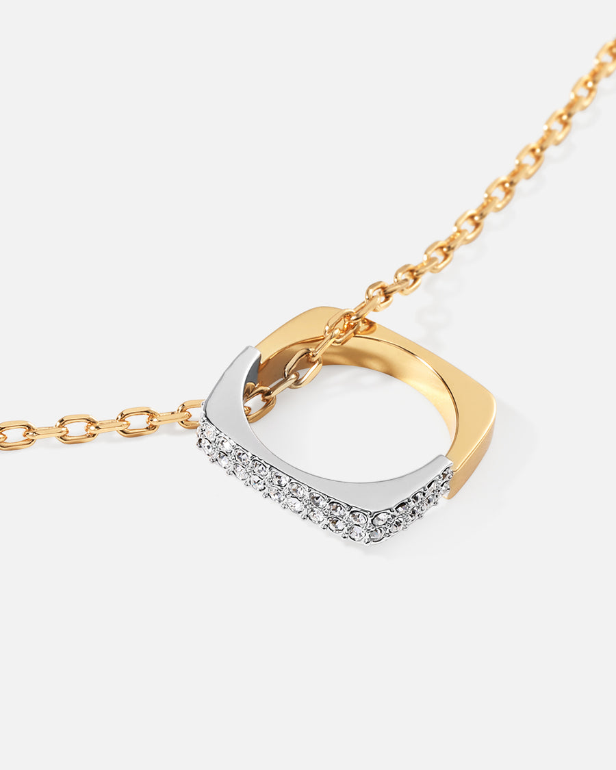 Asymmetric Square Pendant Necklace in Two-tone*18k Gold and Rhodium Plated, Crystal