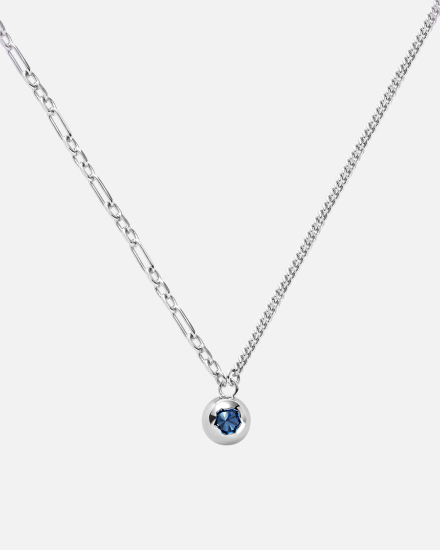Broken Hole Sphere Pendant Necklace in Silver*Rhodium Plated, Blue Crystal