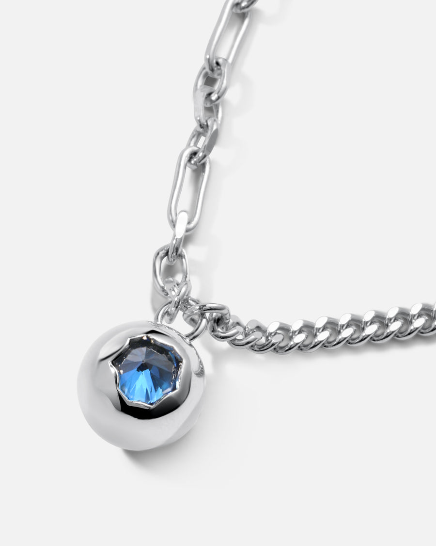 Broken Hole Sphere Pendant Necklace in Silver*Rhodium Plated, Blue Crystal