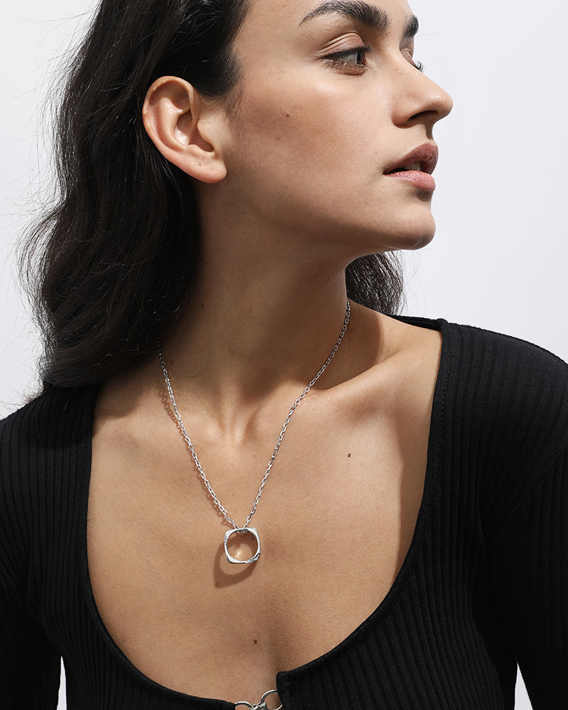 Eroded Square Pendant Necklace in Silver*Rhodium Plated
