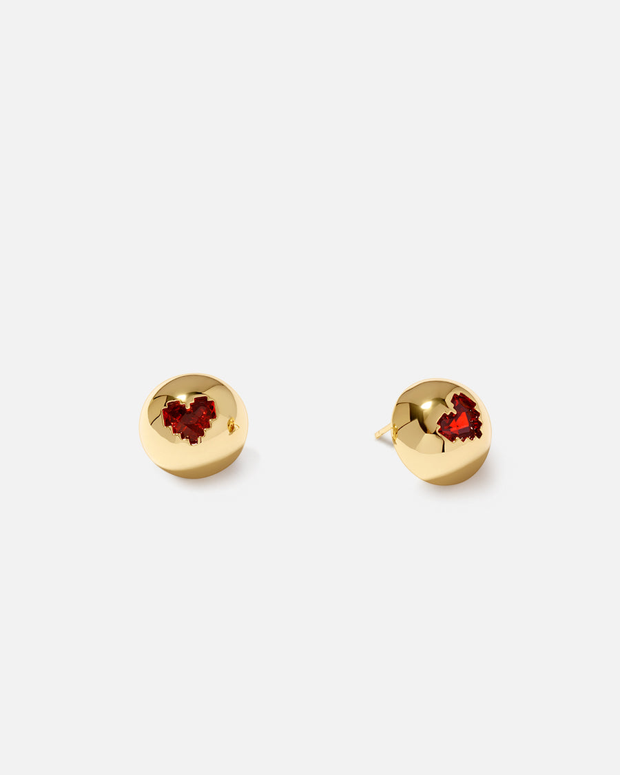 Sphere Heart Studs with Red Crystal