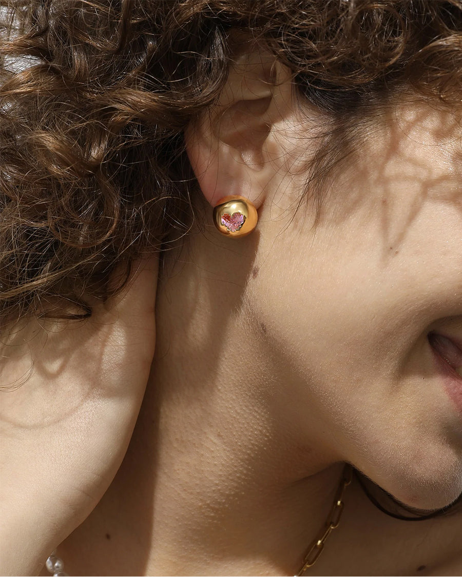 Sphere Heart Studs with Pink Crystal 